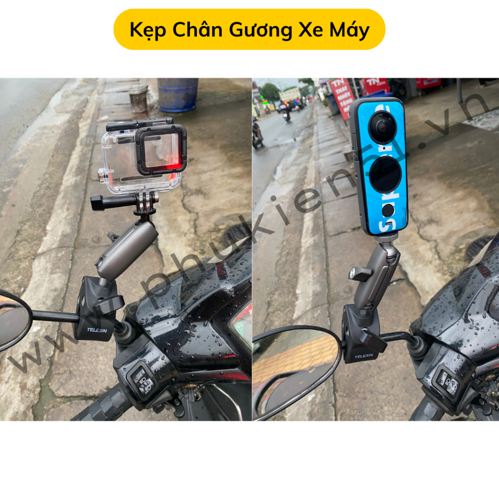 Kẹp kim loại Telesin 360 độ đa năng gắn ghi đông xe đạp xe máy gắn Actioncam, Gopro, Insta360 X2 X3 Ace Ace Pro