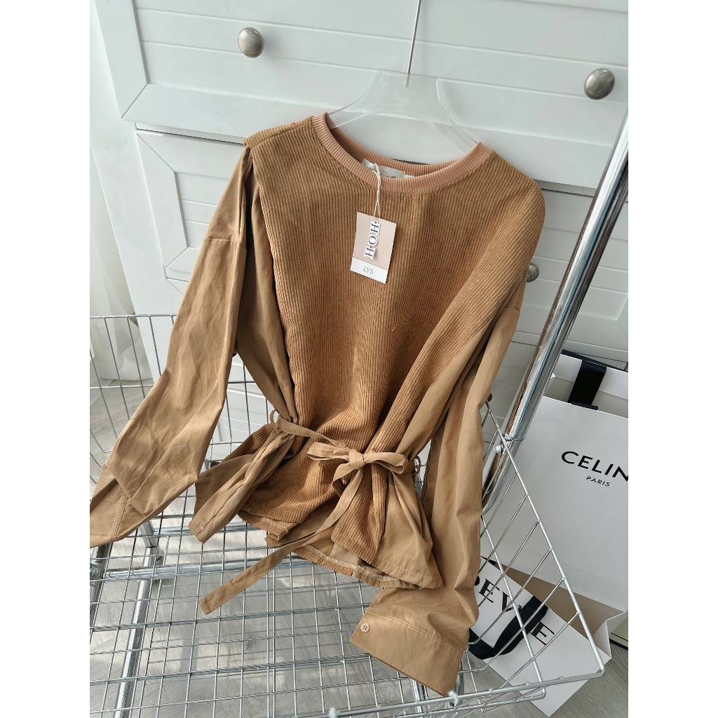 SET ÁO NÂU GÂN TAY DÀI THẮT NƠ EO + CHÂN VÁY JEAN MIDI