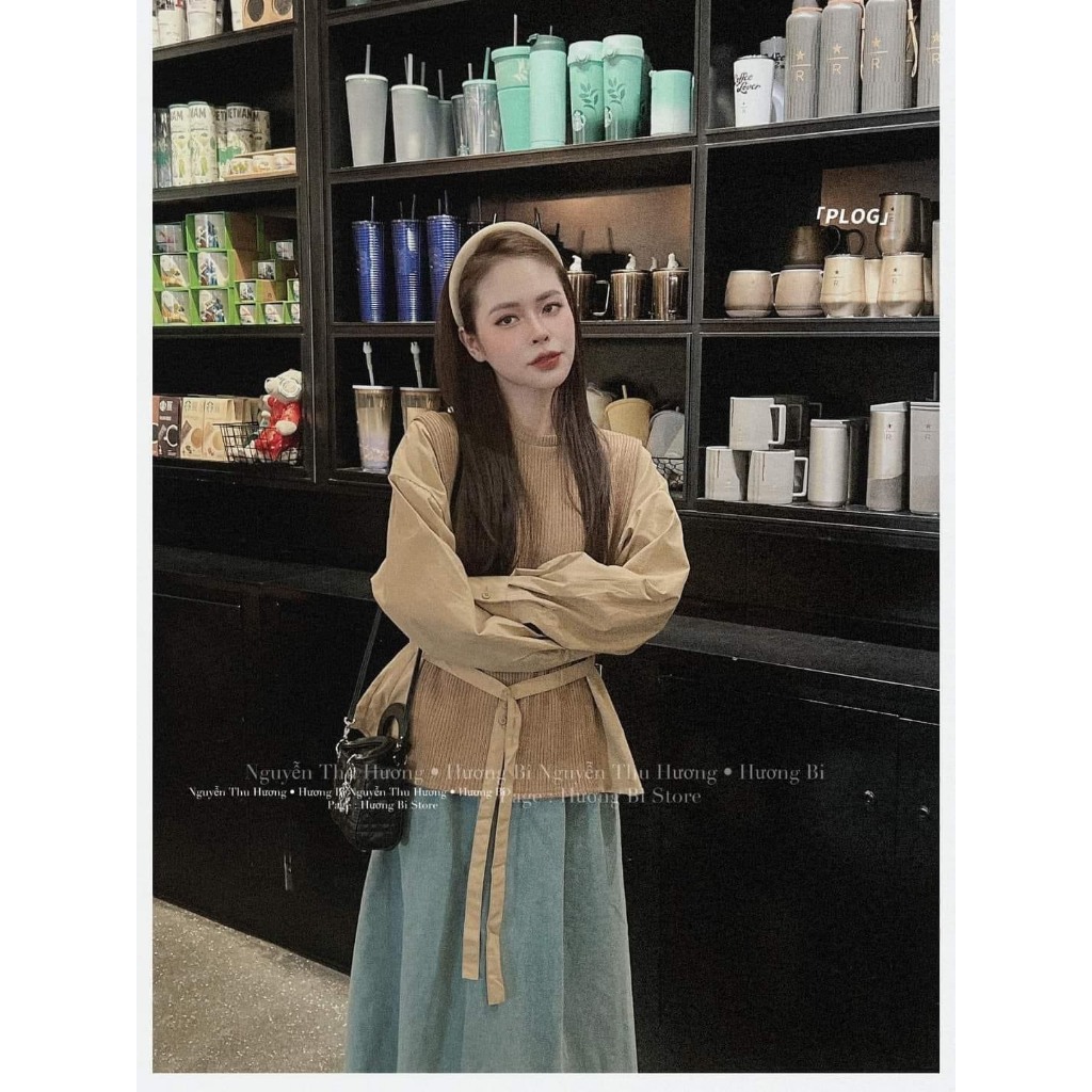 SET ÁO NÂU GÂN TAY DÀI THẮT NƠ EO + CHÂN VÁY JEAN MIDI