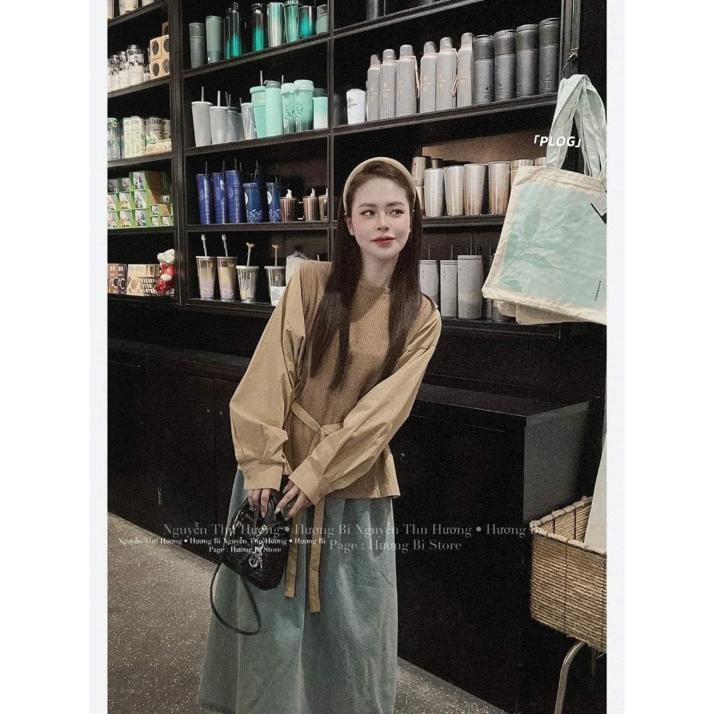 SET ÁO NÂU GÂN TAY DÀI THẮT NƠ EO + CHÂN VÁY JEAN MIDI