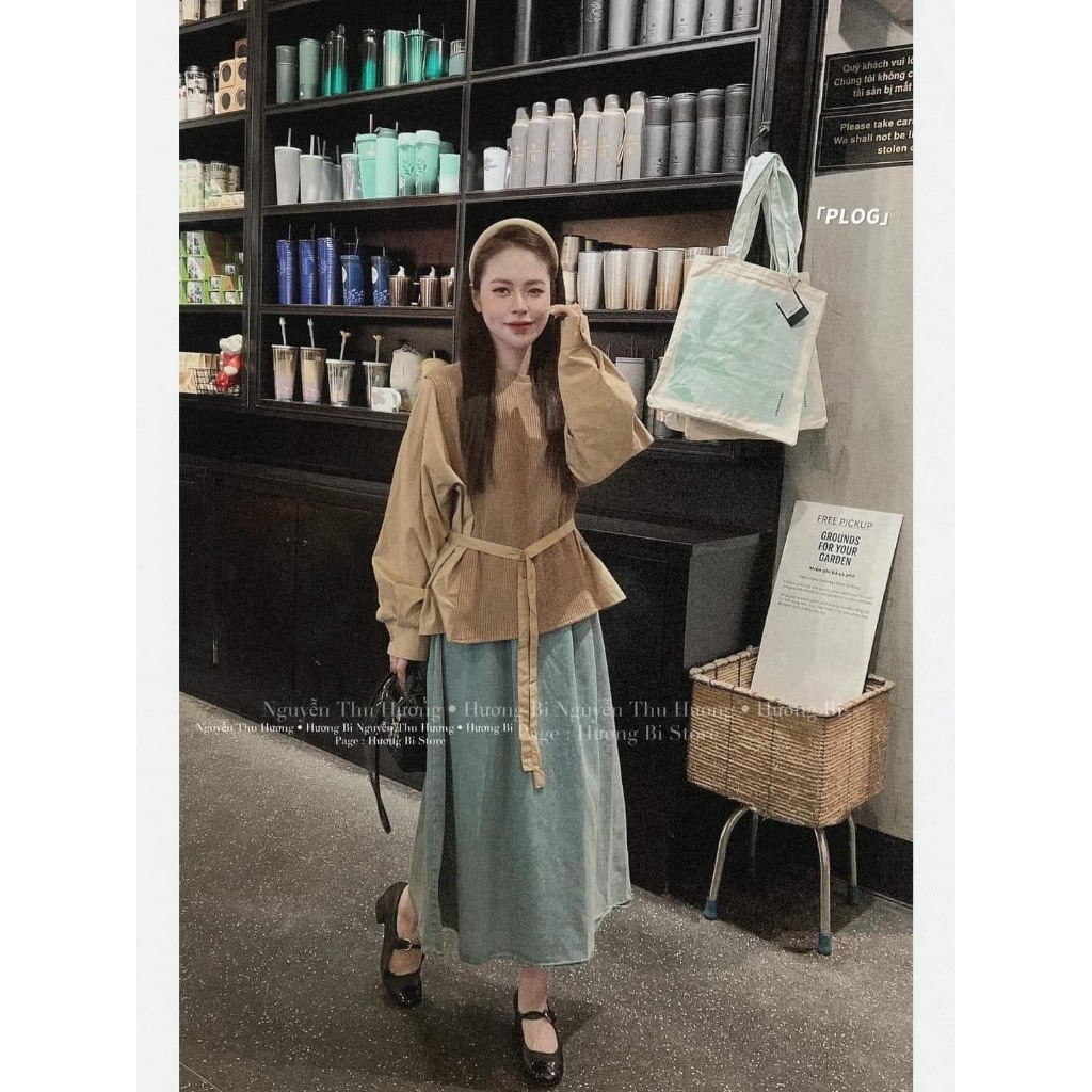 SET ÁO NÂU GÂN TAY DÀI THẮT NƠ EO + CHÂN VÁY JEAN MIDI