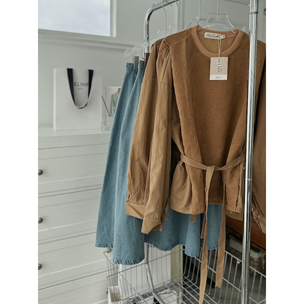 SET ÁO NÂU GÂN TAY DÀI THẮT NƠ EO + CHÂN VÁY JEAN MIDI