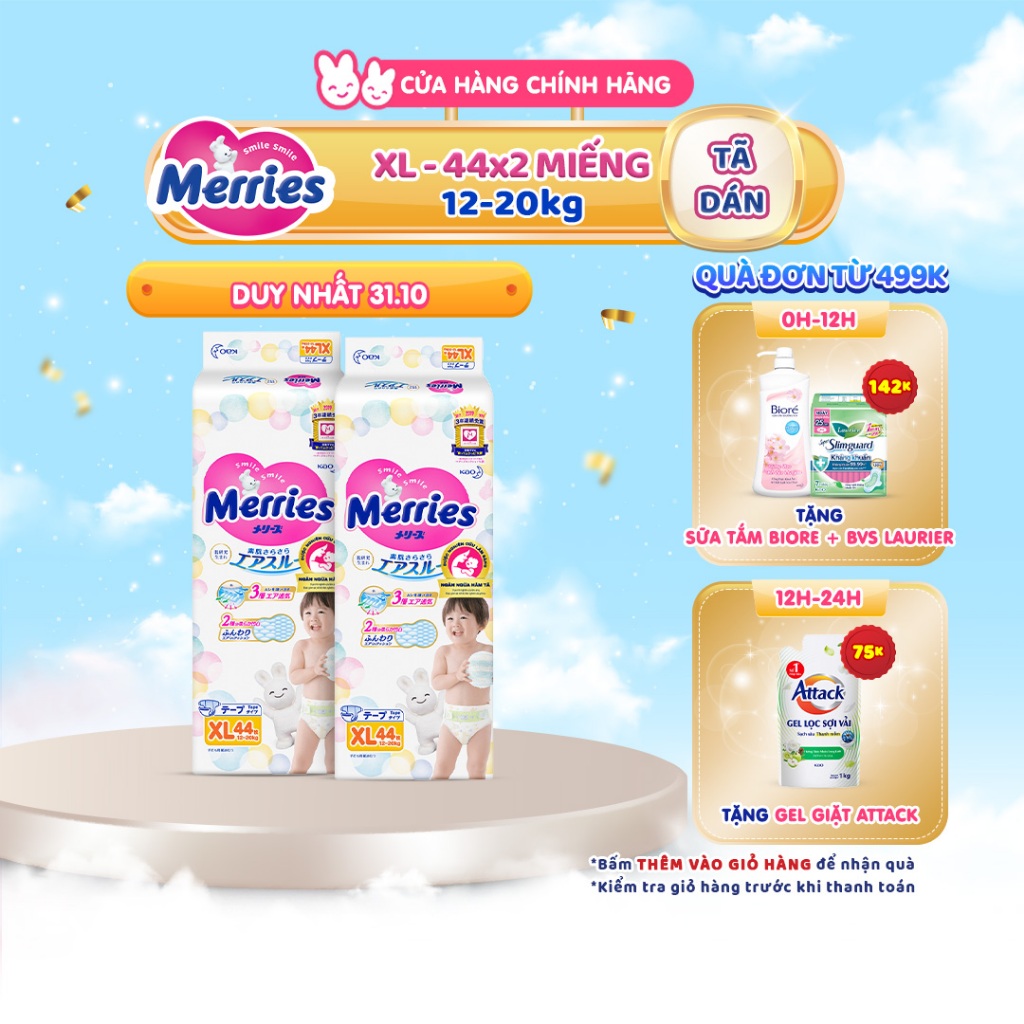 Combo 2 Tã/bỉm dán Merries size XL 44 miếng (Cho bé 12 - 20 kg)