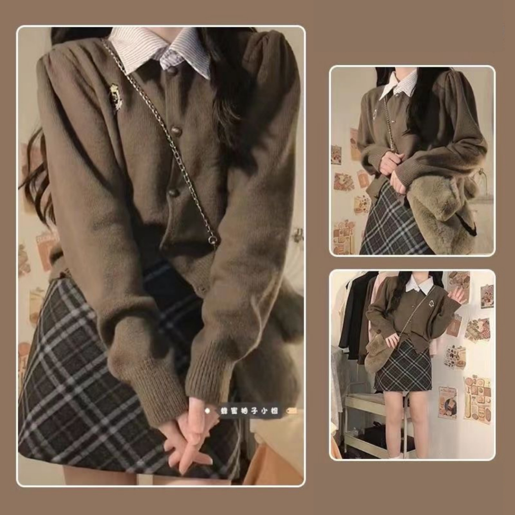Set áo chân váy set áo cardigan len chân váy kẻ caro chữ A vintage trẻ trung eooshop