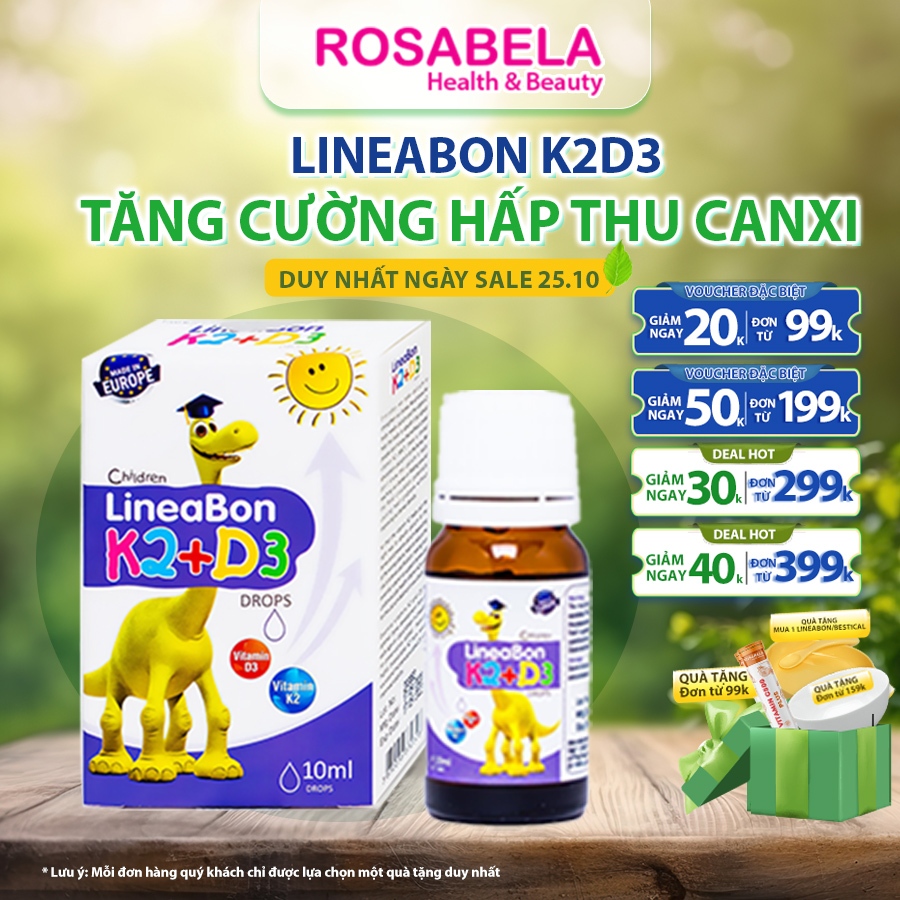 Vitamin D3 K2 Lineabon cho trẻ sơ sinh siro bổ sung hấp thu canxi hiệu quả, tăng chiều cao cho bé (10ml)