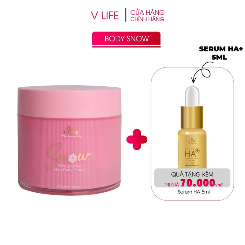Kem dưỡng trắng da body Snow 200ml V Life: Dưỡng ẩm, trắng da,  se khít lỗ chân lông thoa lên da nâng từ 2-3 tone.