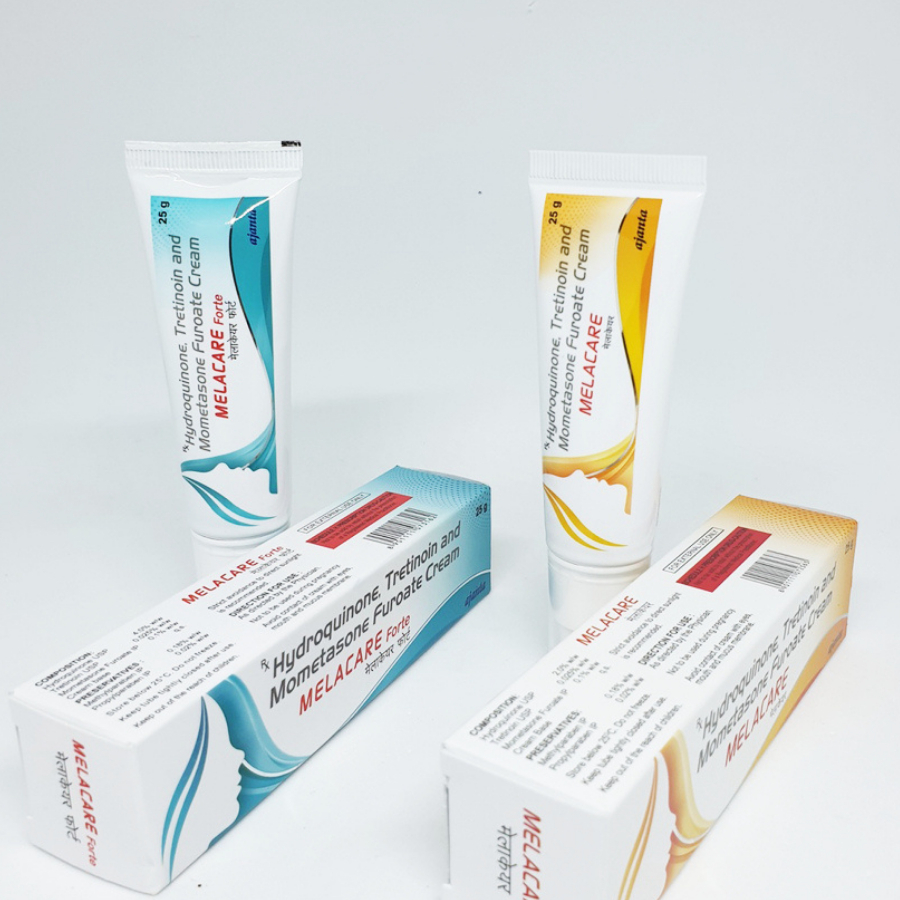 Vỏ hộp kem nám Melacare Forte Cream  - 2% & 4% hydroquinone, kem nám vàng & xanh giảm nám, sạm, thâm, dưỡng trắng
