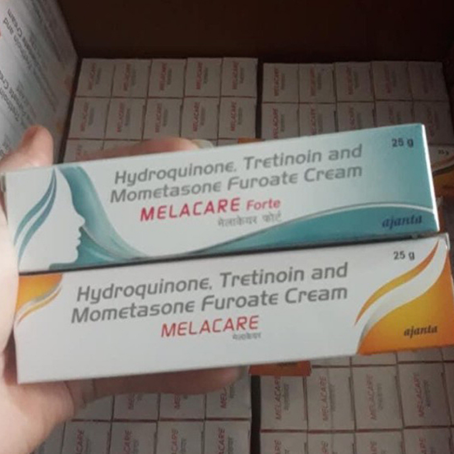 Vỏ hộp kem nám Melacare Forte Cream  - 2% & 4% hydroquinone, kem nám vàng & xanh giảm nám, sạm, thâm, dưỡng trắng
