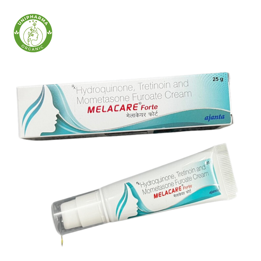 Vỏ hộp kem nám Melacare Forte Cream  - 2% & 4% hydroquinone, kem nám vàng & xanh giảm nám, sạm, thâm, dưỡng trắng