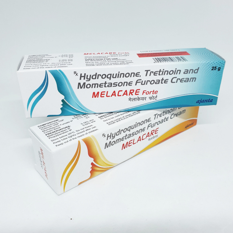 Vỏ hộp kem nám Melacare Forte Cream  - 2% & 4% hydroquinone, kem nám vàng & xanh giảm nám, sạm, thâm, dưỡng trắng