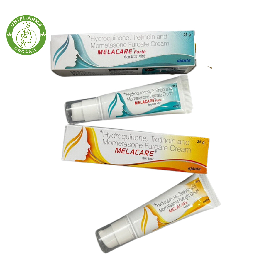 Vỏ hộp kem nám Melacare Forte Cream  - 2% & 4% hydroquinone, kem nám vàng & xanh giảm nám, sạm, thâm, dưỡng trắng