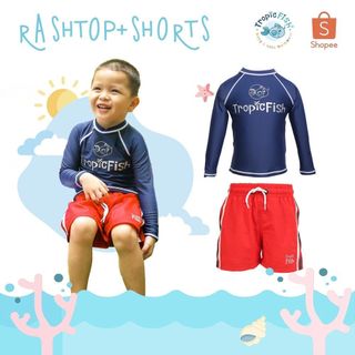 Combo đồ bơi chống nắng và giữ nhiệt cho bé TropicFish Blue Rashtop & Red Shorts