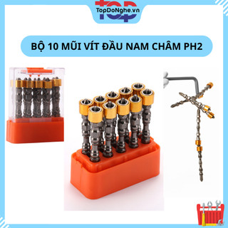 Bộ 10 mũi bắn vít đầu nam châm 2 đầu bake ph2, bắt vít đầu dài 65mm trợ lực