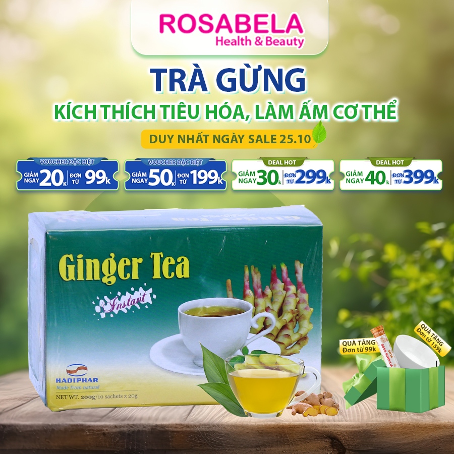 Trà gừng hòa tan, làm ấm cơ thể, giải cảm lạnh, phòng ngừa đầy hơi, kích thích tiêu hoá (1 hộp)