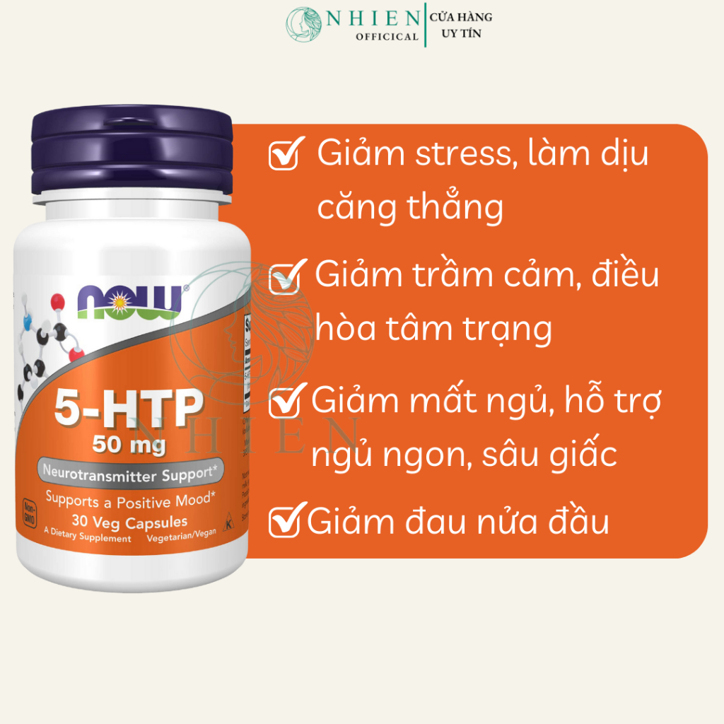 Viên uống ngủ ngon, hỗ trợ mất ngủ, giảm căng thẳng 5-HTP 50mg Now