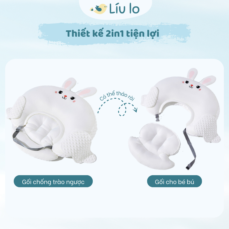 Gối chống trào ngược cho bé, gối cho bé bú 2in1 Líu lo cao cấp, 2 mặt vải dùng cả 4 mùa, nghiêng 15 độ chống nôn trớ