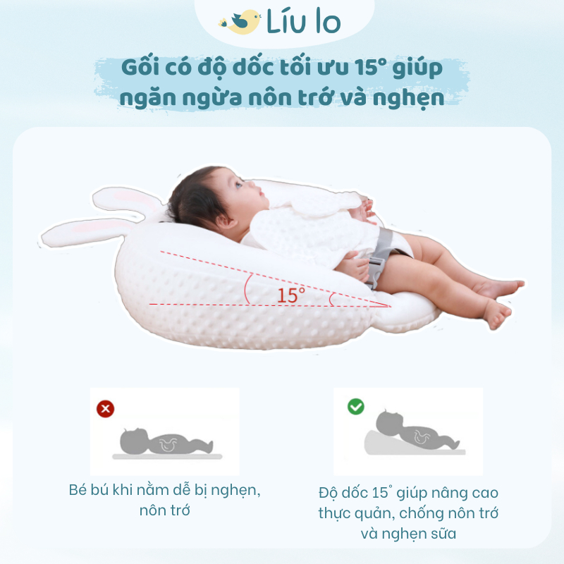 Gối chống trào ngược cho bé, gối cho bé bú 2in1 Líu lo cao cấp, 2 mặt vải dùng cả 4 mùa, nghiêng 15 độ chống nôn trớ