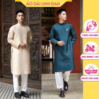 Áo dài nam cách tân hiện đại với thiết kế trên nền vải gấm vân nổi, sang trọng, giữ form chuẩn - Áo dài Tết Linh Đan