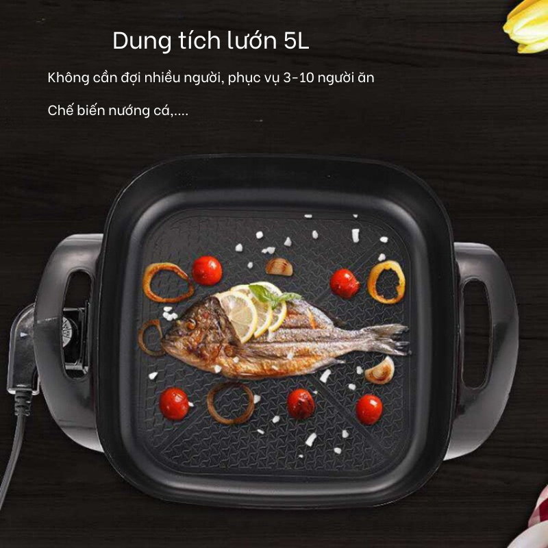 Nồi lẩu điện đa năng, chảo lẩu hình vuông dung tích 5L chiên xào rán, chống dính tốt