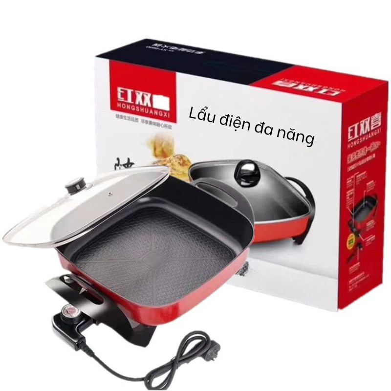 Nồi lẩu điện đa năng, chảo lẩu hình vuông dung tích 5L chiên xào rán, chống dính tốt