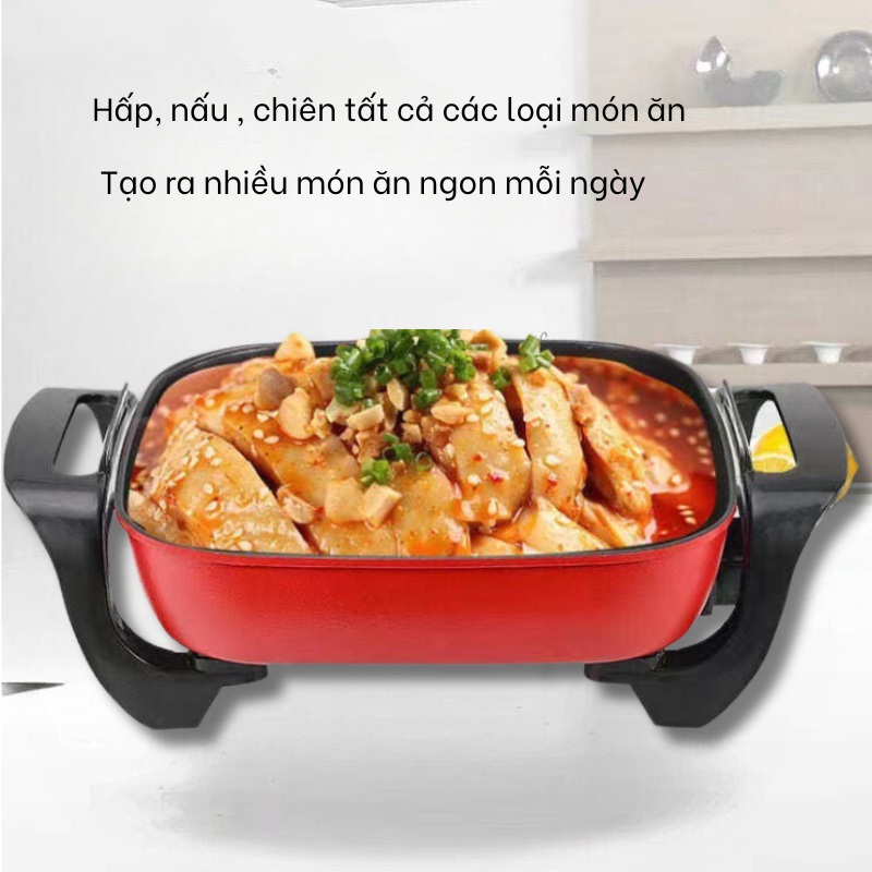 Nồi lẩu điện đa năng, chảo lẩu hình vuông dung tích 5L chiên xào rán, chống dính tốt