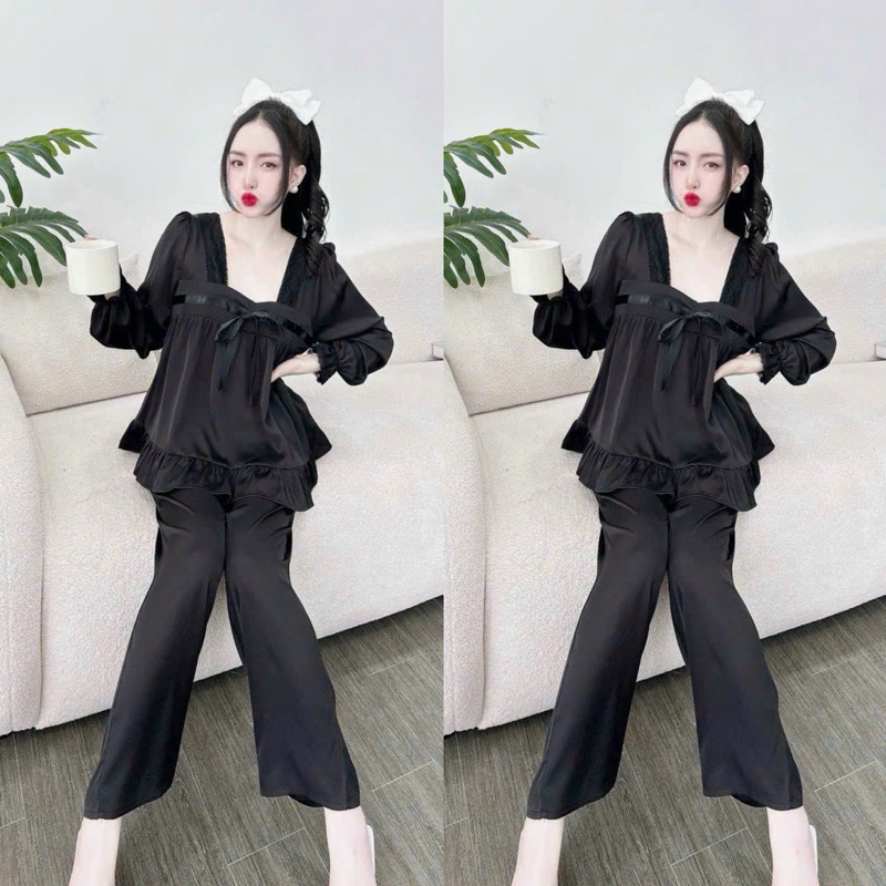 set bộ cổ vuông tay dài bèo phi lụa nơ quần dài xinh