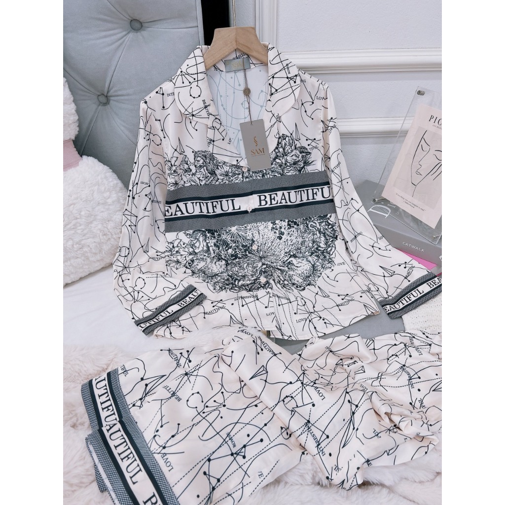 Bộ đồ ngủ mặc nhà Sam cao cấp nữ dáng pijama thu đông áo dài quần dài họa tiết hình cung hoàng đạo sang chảnh trẻ trung