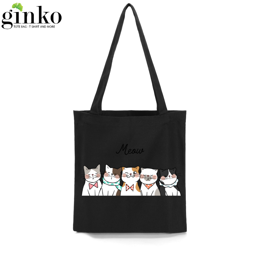 Túi Tote GINKO Vải Canvas có dây kéo khóa (có túi con) in hình họa tiết Mèo cute HT39