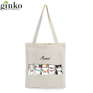 Túi tote ginko vải canvas có dây kéo khóa in hình họa tiết mèo cute ht39