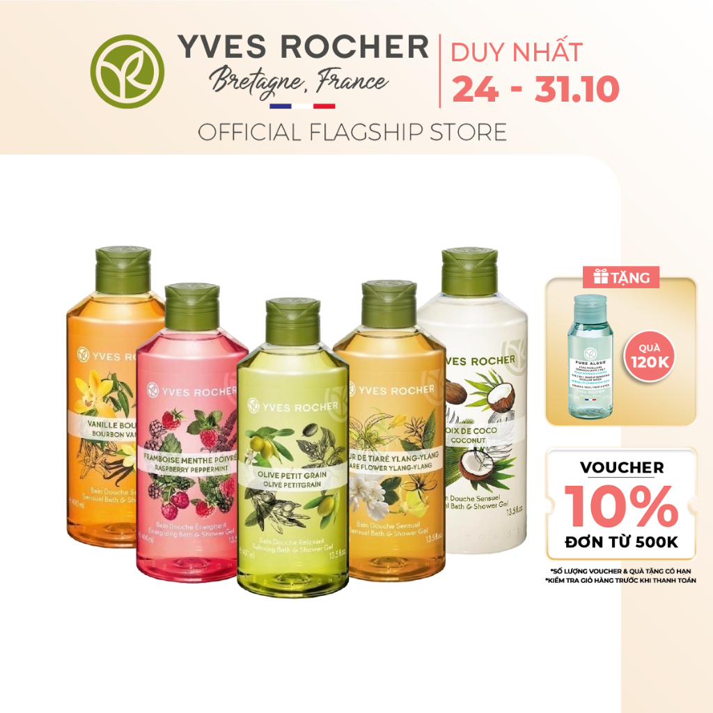 Sữa Tắm Yves Rocher chính hãng Pháp nguồn gốc tự nhiên, nuôi dưỡng da mềm mại, mịn màng, nhiều mùi hương - Chai 400ml