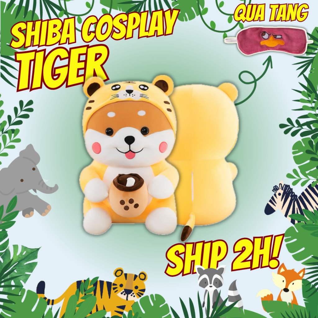 Thú nhồi bông shiba cosplay hổ ôm trà sữa - Size từ 40cm đến 55cm - Quà tặng gấu bông êm mịn dễ thương - Gối ôm m