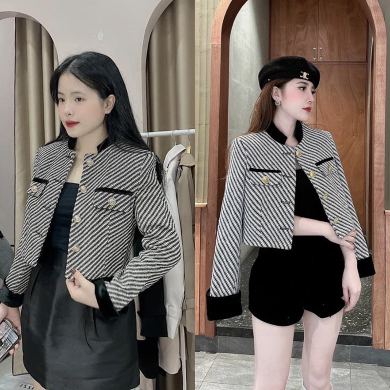 Áo khoác nữ kẻ sọc cổ trụ cúc đồng, áo dạ tweed chuẩn hàng đẹp