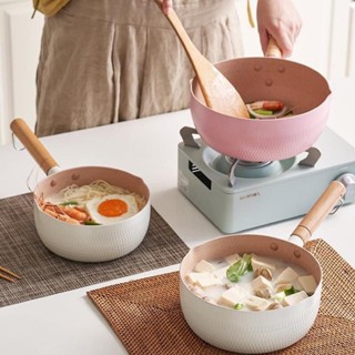 Chảo chống dính Ceramic 18cm đáy lòng sâu có tay cầm cán gỗ chống bỏng - chảo chống dính vân đá