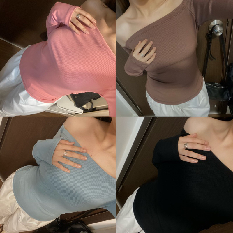 LISA DEROSE LONGSLEVES - Áo thun gân trơn trễ vai hai bên