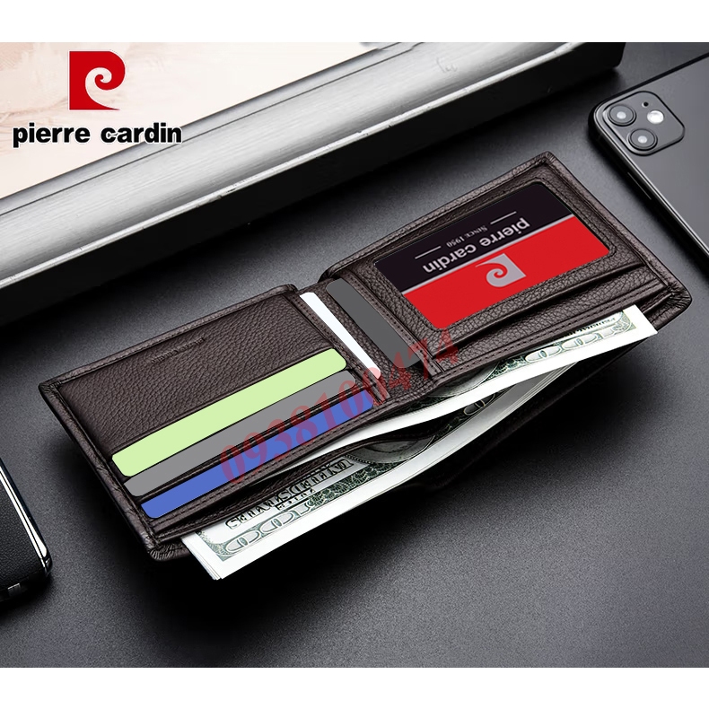 Ví da Pierre Cardin chính hãng màu đen da bò thật ví ngang PCJ0016
