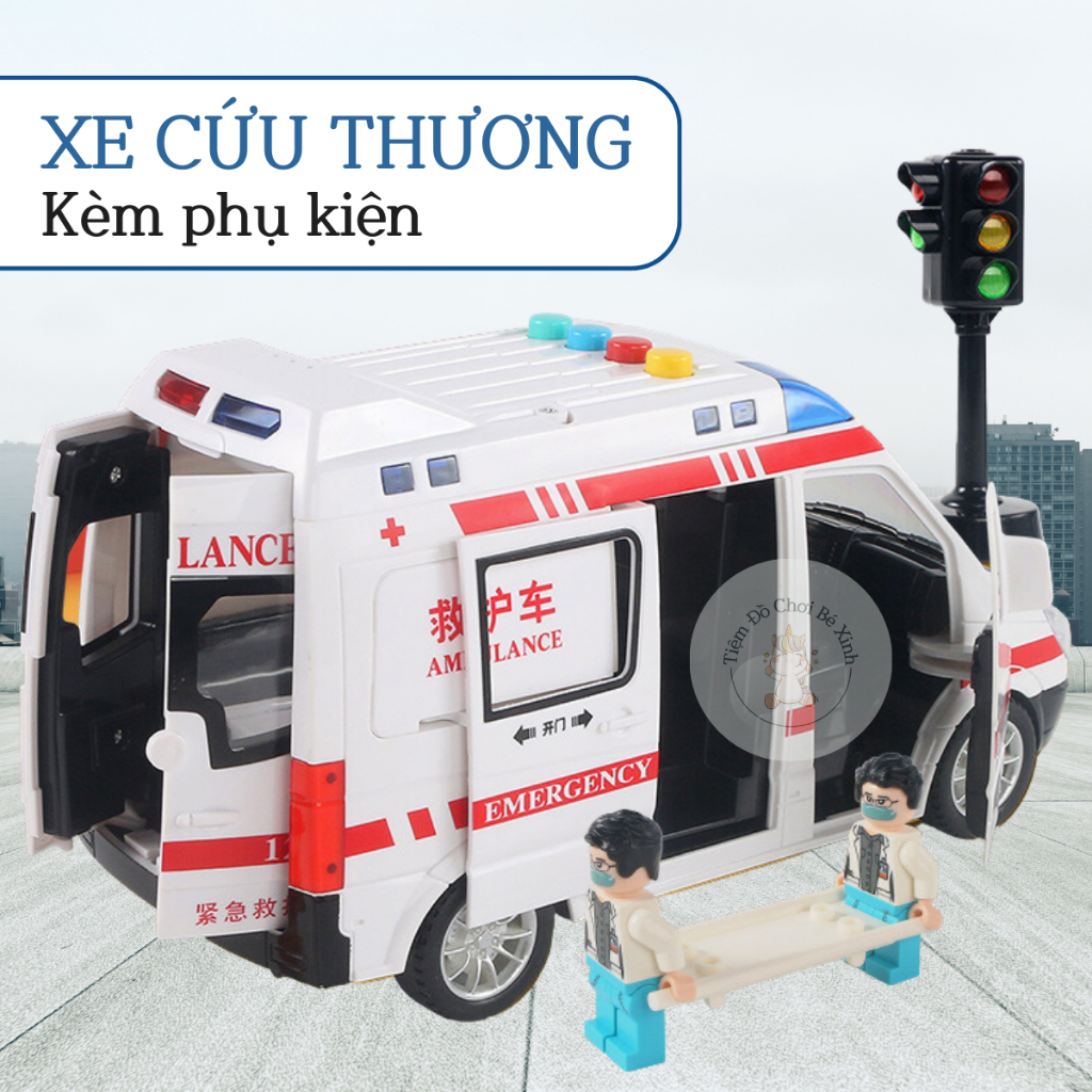 Đồ Chơi Ô Tô Mô Hình Xe Cứu Thương Cho Trẻ Em Mở 5 Cửa, Có Đèn, Âm Thanh Kèm Người và Cáng