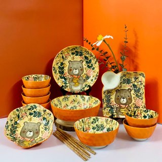 Tách Lẻ Bộ Chén Dĩa Sứ Gấu Cam Dễ Thương Men Sáng Đẹp GOSUMI GC01