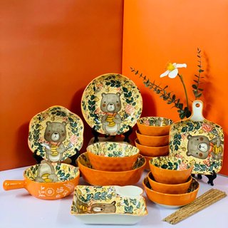 Bộ Chén Dĩa Sứ Gấu Cam Dễ Thương Men Sáng Đẹp GOSUMI GC01