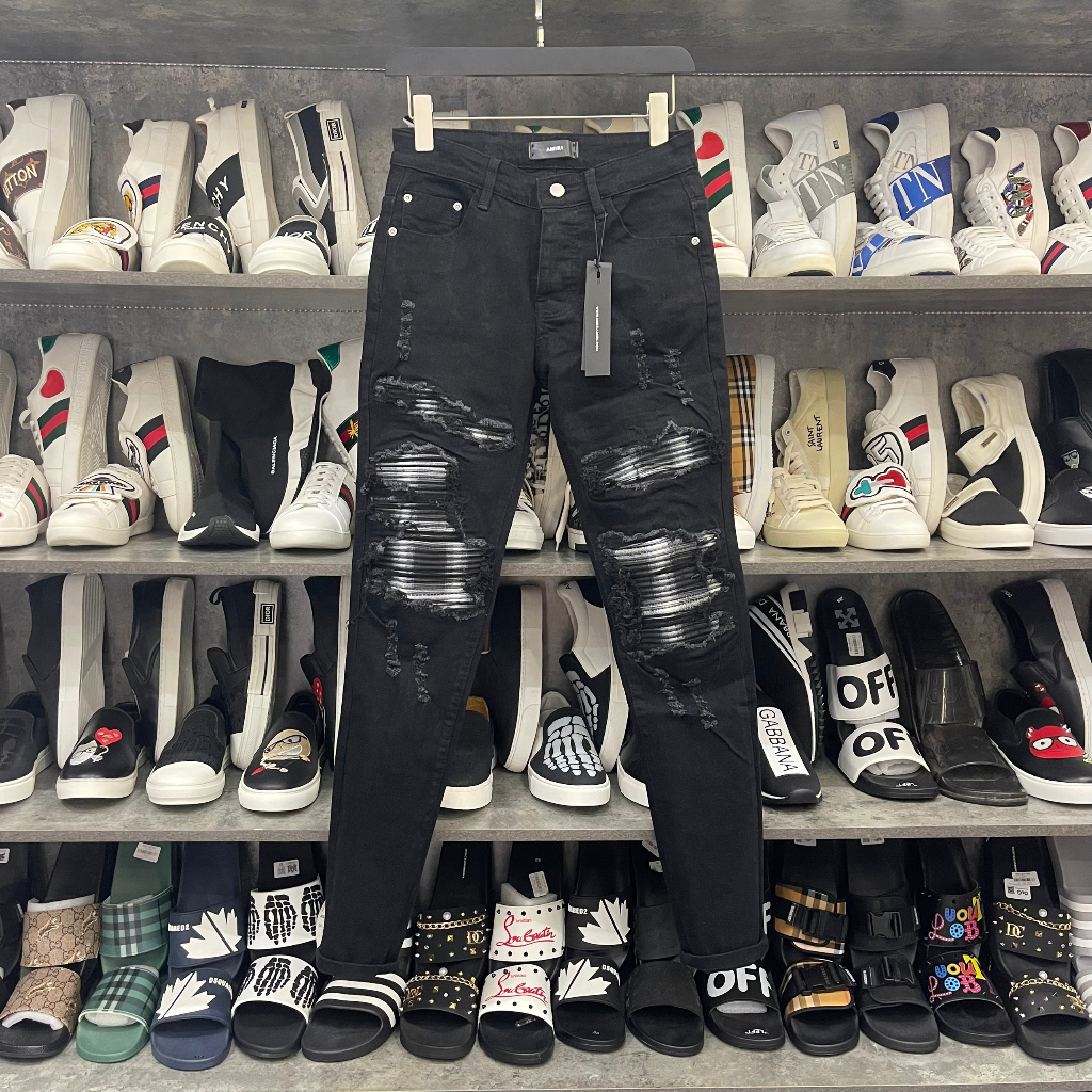 Quần jean bò nam Amiri slimfit đen rách tua dọc đùi vá vải nhăn sọc đen trắng 4 cúc chữ cao cấp HOT TREND 2023