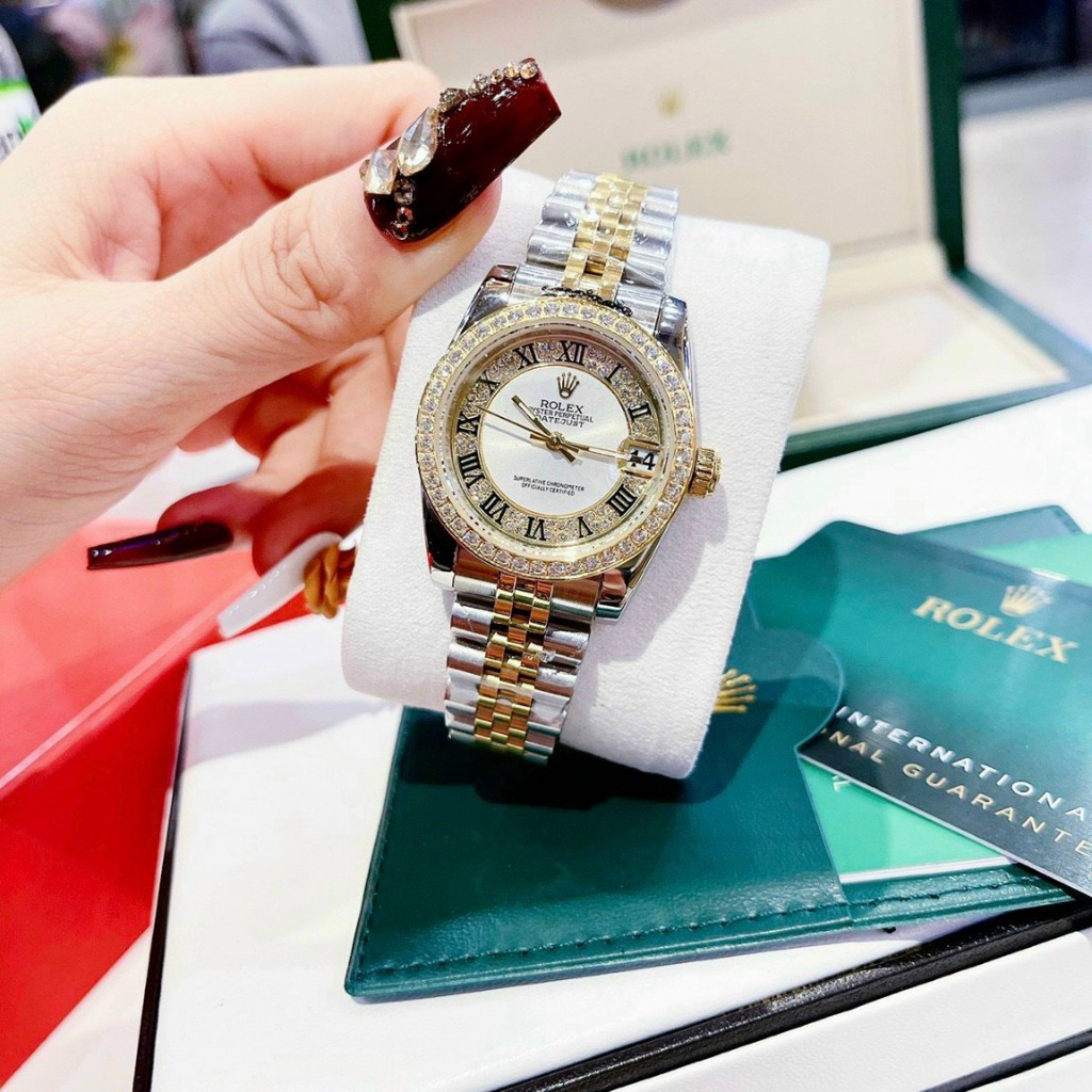 Đồng Hồ Nữ ROLEX FullBox cao cấp mặt trắng Case 32mm đính Full đá Máy Pin Nhật