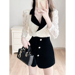 Set áo sơ mi ren phối nhung