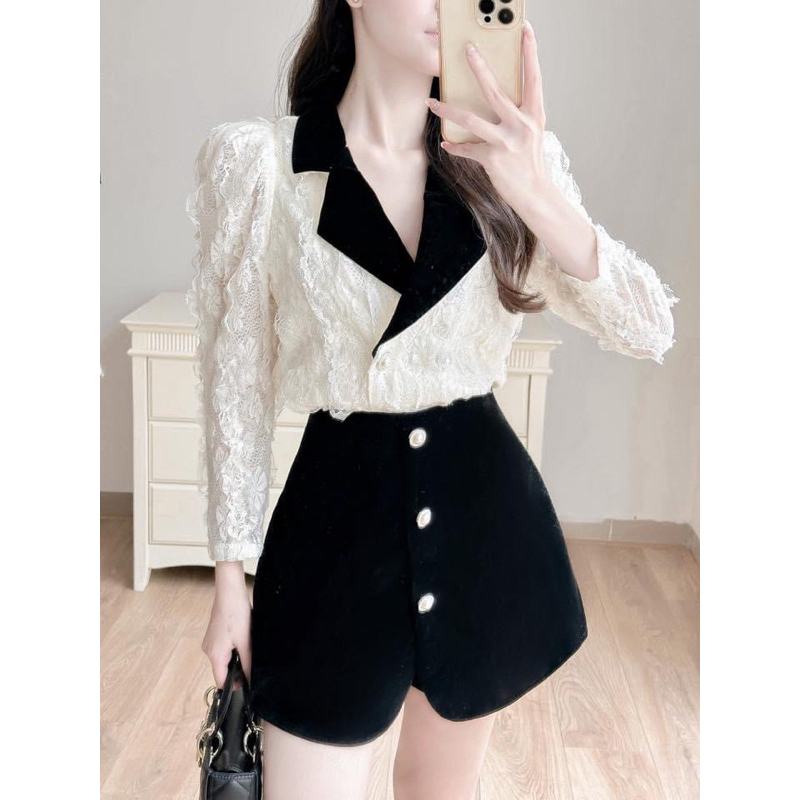 Set áo sơ mi ren phối nhung