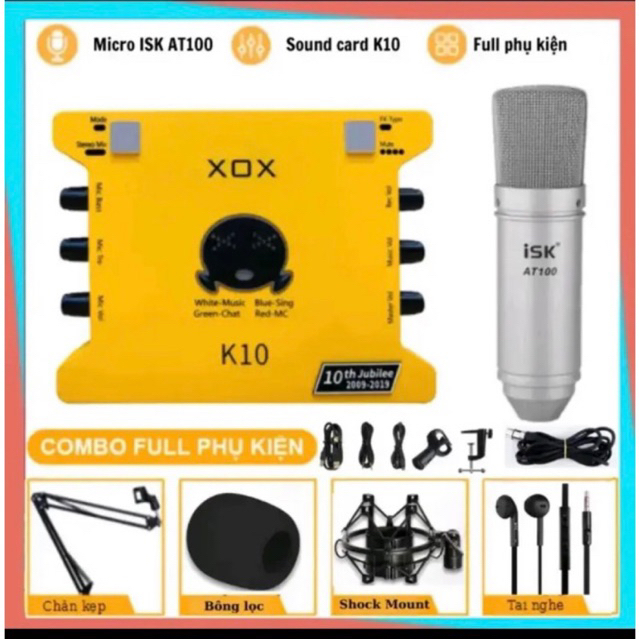 Bộ mic thu âm livestream ISK AT100 và sound card K10 kèm tai nghe,kẹp mic
