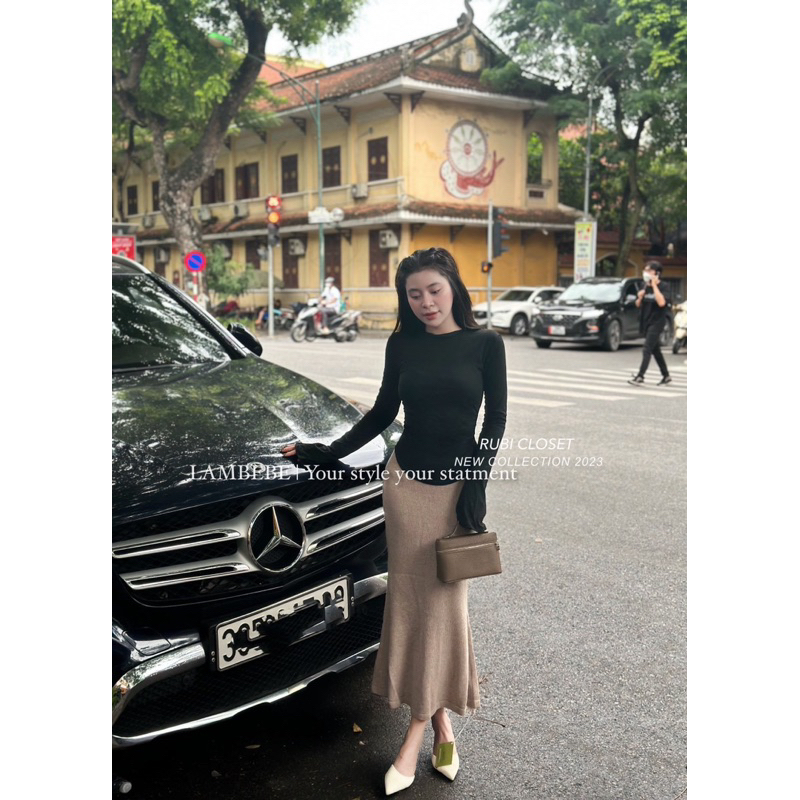 Set áo thun chân váy len