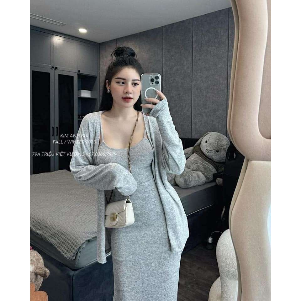 Sét tiêu váy 2 dây dáng dài trơn + áo khoác ngoài dài tay 3 màu