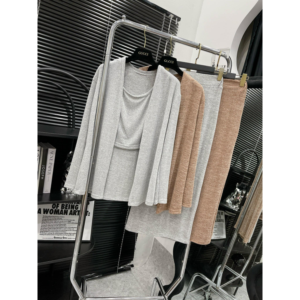 Sét tiêu váy 2 dây dáng dài trơn + áo khoác ngoài dài tay 3 màu