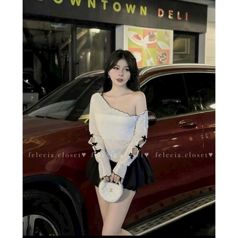 Set Áo Thun Lệch Vai Vạt Nhọn Tay Dài Xẻ Tay Nơ + Chân Váy 2 Tầng Lưng Chun