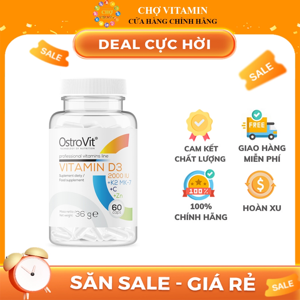 OstroVit Vitamin D3 2000 IU + K2 MK-7 + C + Zn - Giúp Chắc Xương, Cải Thiện Tình Trạng Da Tóc, Thị Lực (60 Viên)