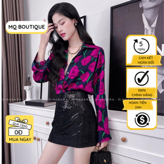Áo lụa sơ mi dài tay cao cấp họa tiết hoa tím nền đen công sở thiết kế, áo sơmi họa tiết thiết kế MQ Boutique