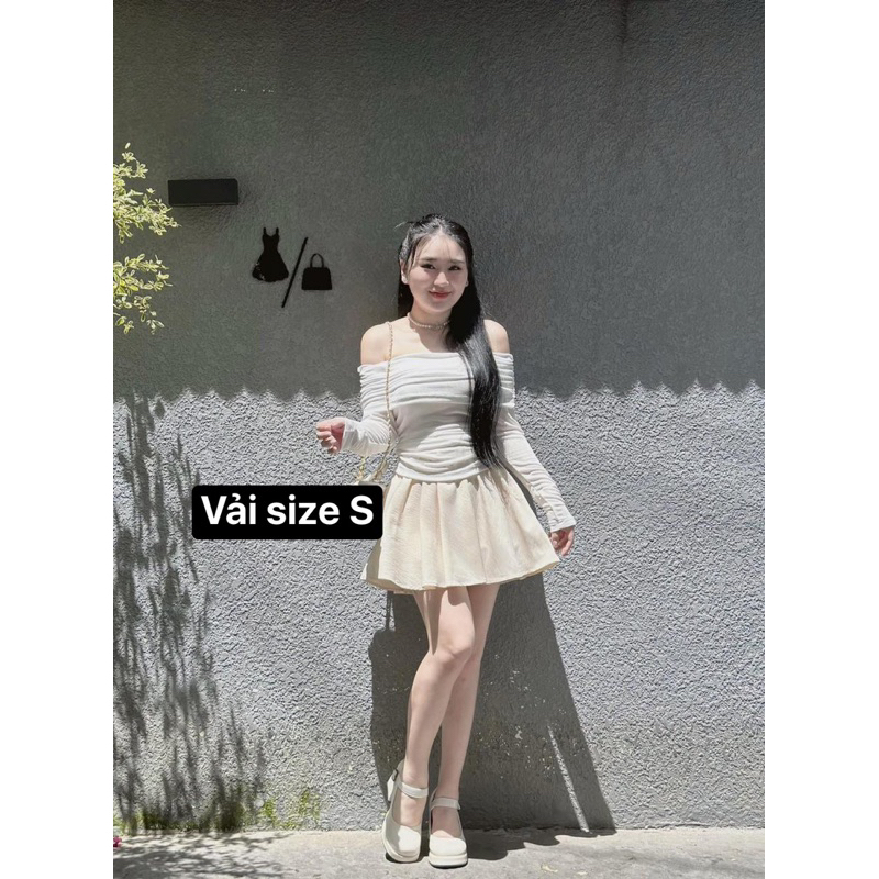 Set áo len bẹt vai tay dài mix chân váy dáng xoè
